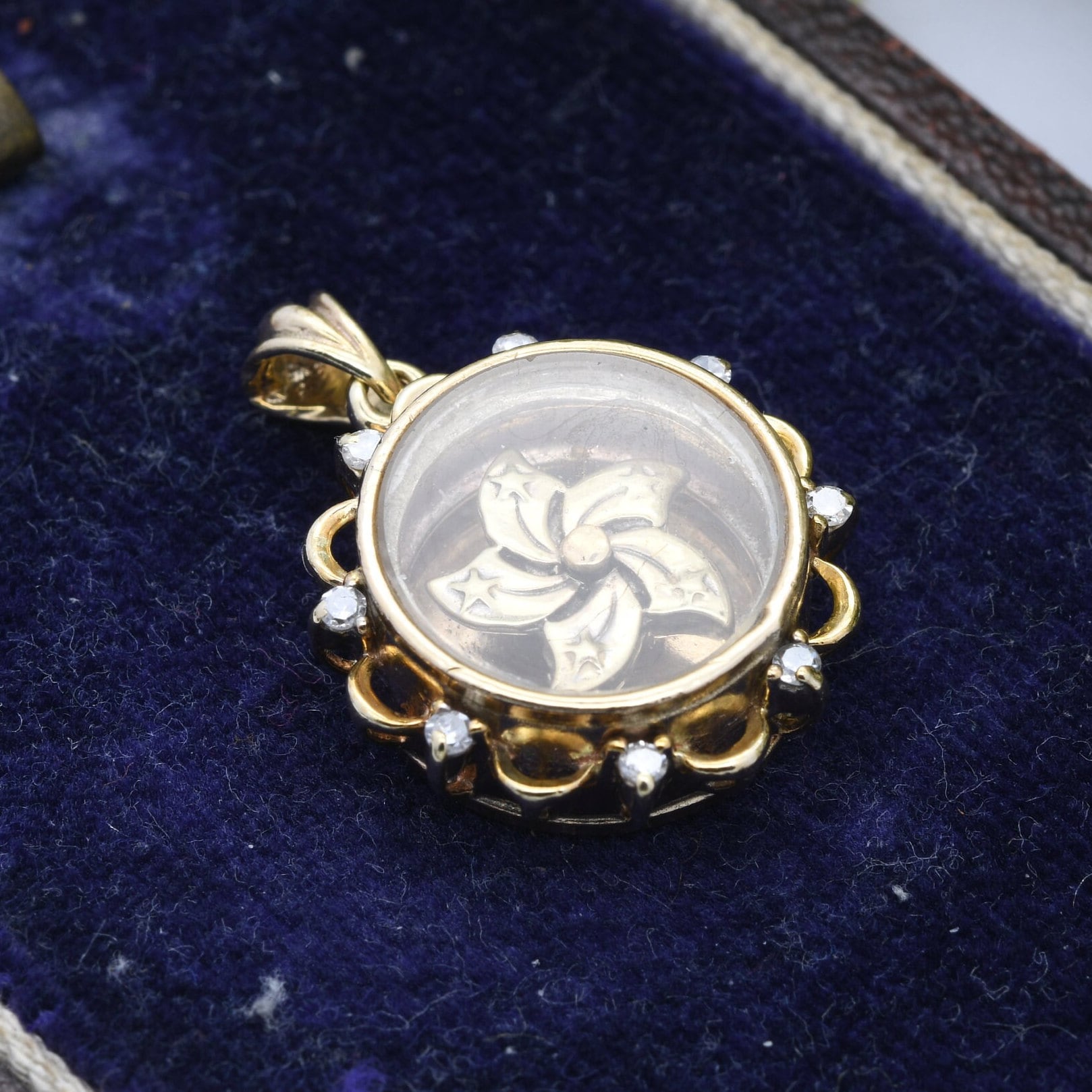 Vintage 9ct Gold Diamond Pendant with Star Spinner in Glass Mount - Star Wheel Fob Pendant