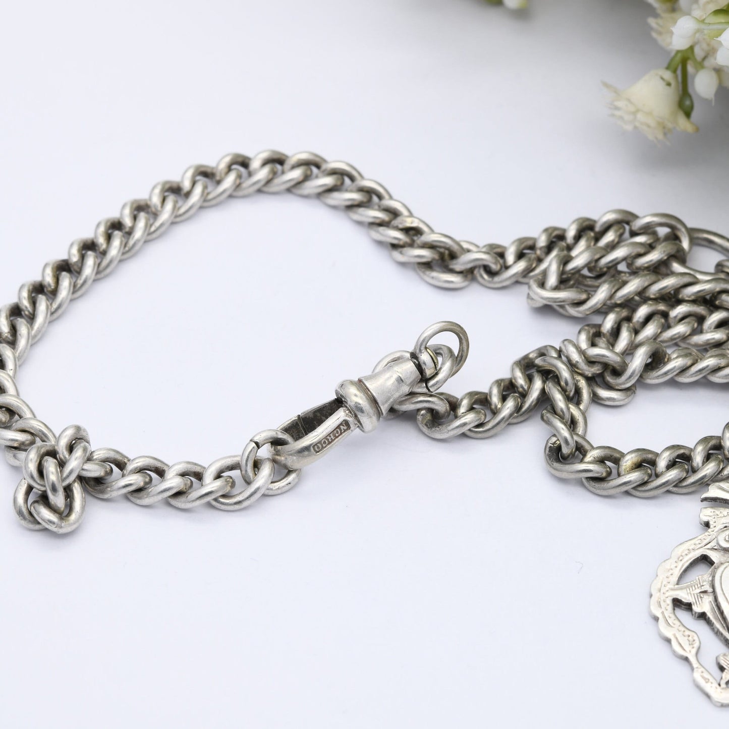 Antique Sterling Silver Double Albert Chain with Watch Fob & Dog Clip 1915