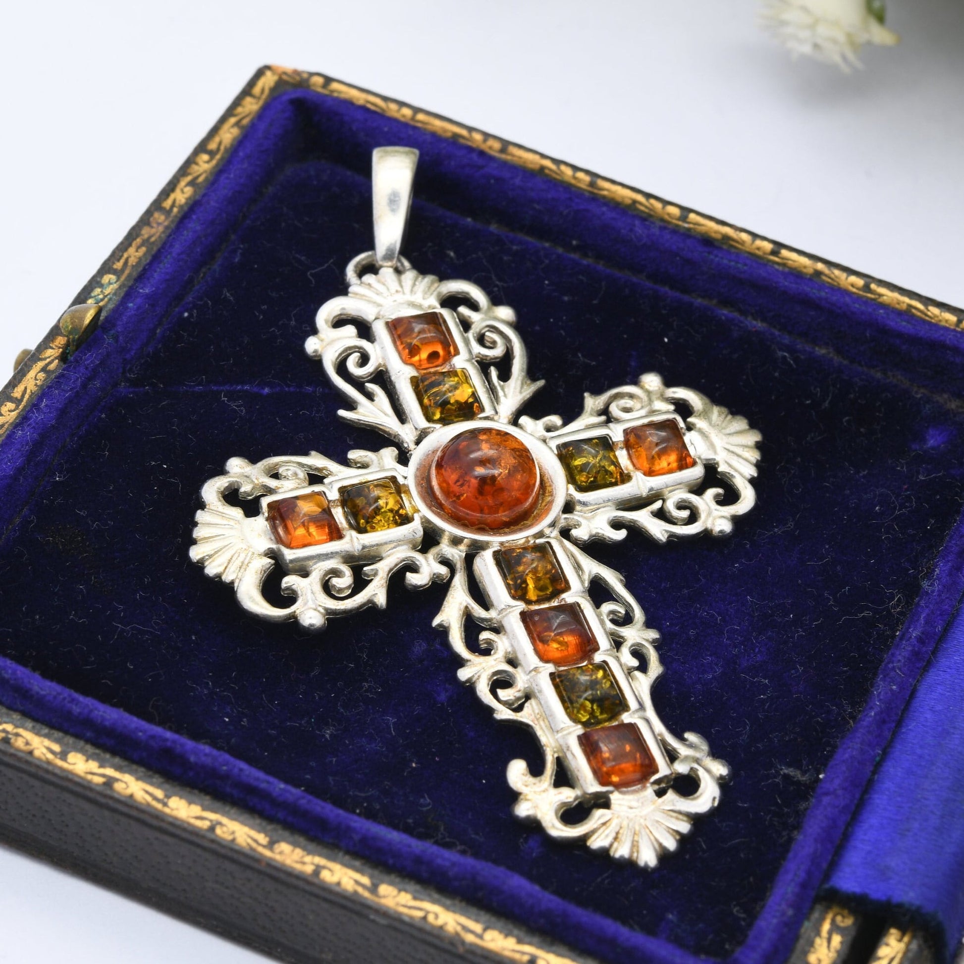 Vintage Sterling Silver Amber Cross Pendant