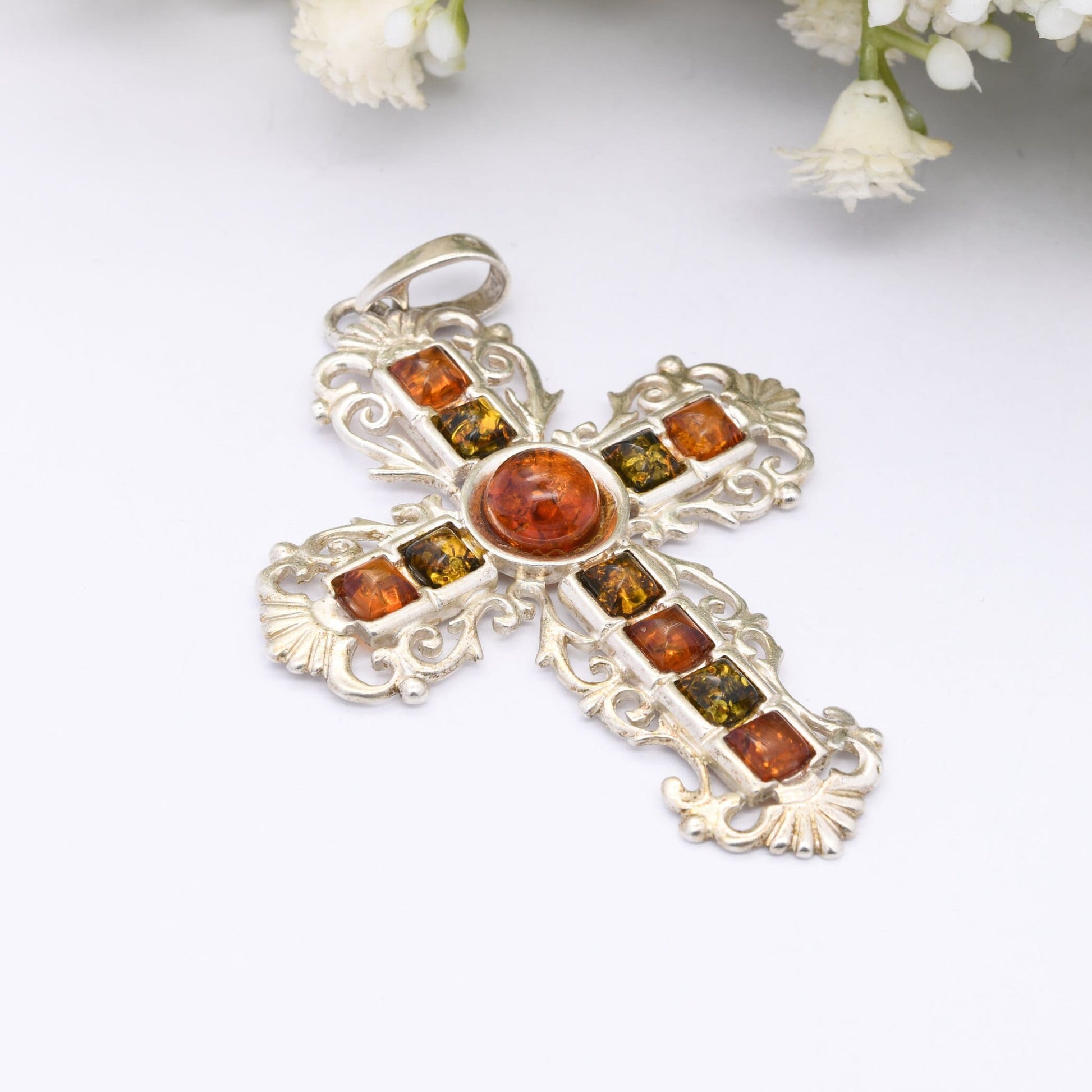 Vintage Sterling Silver Amber Cross Pendant