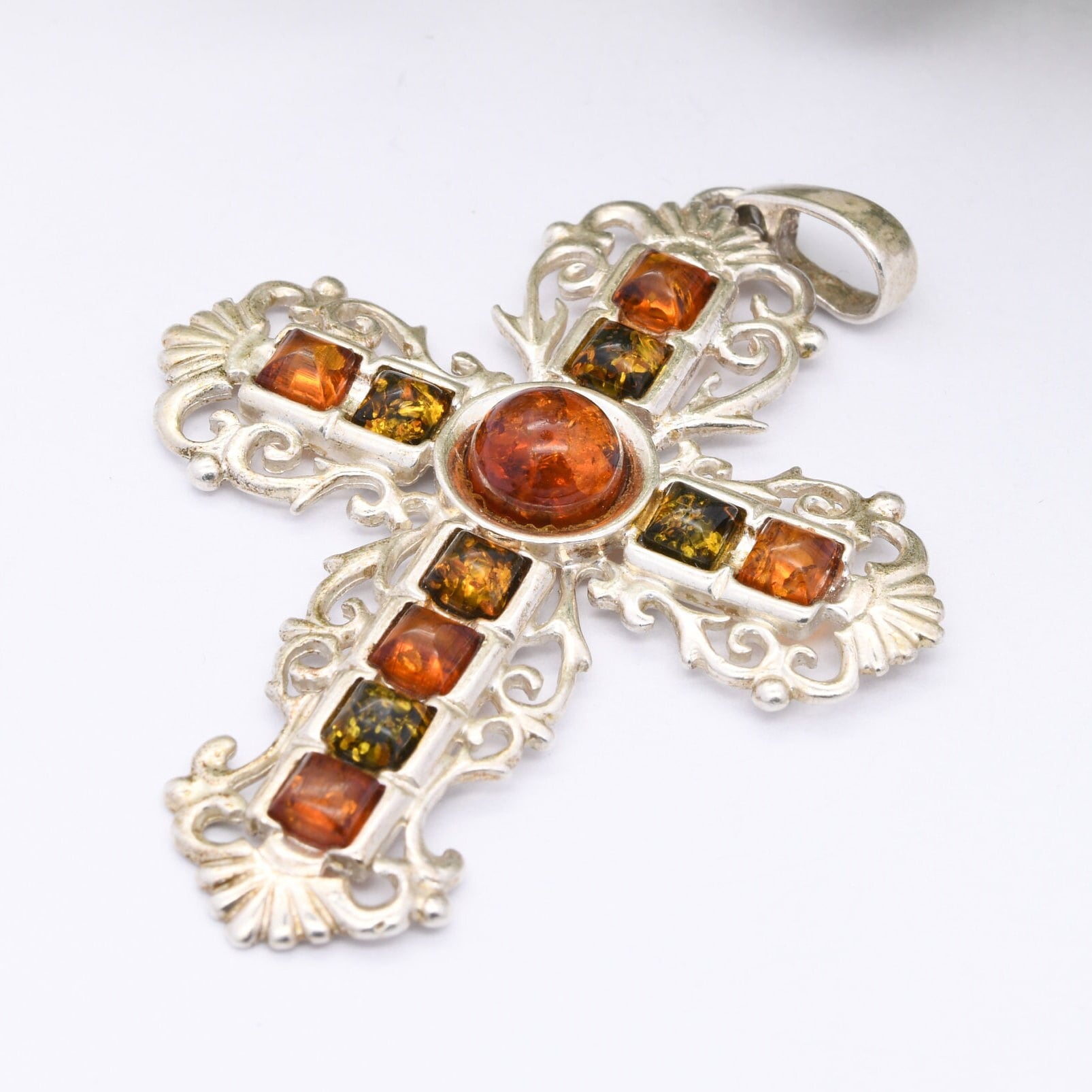 Vintage Sterling Silver Amber Cross Pendant