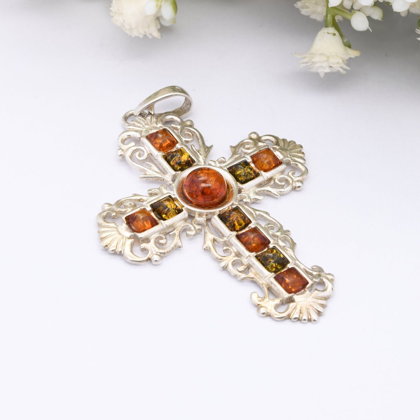 Vintage Sterling Silver Amber Cross Pendant