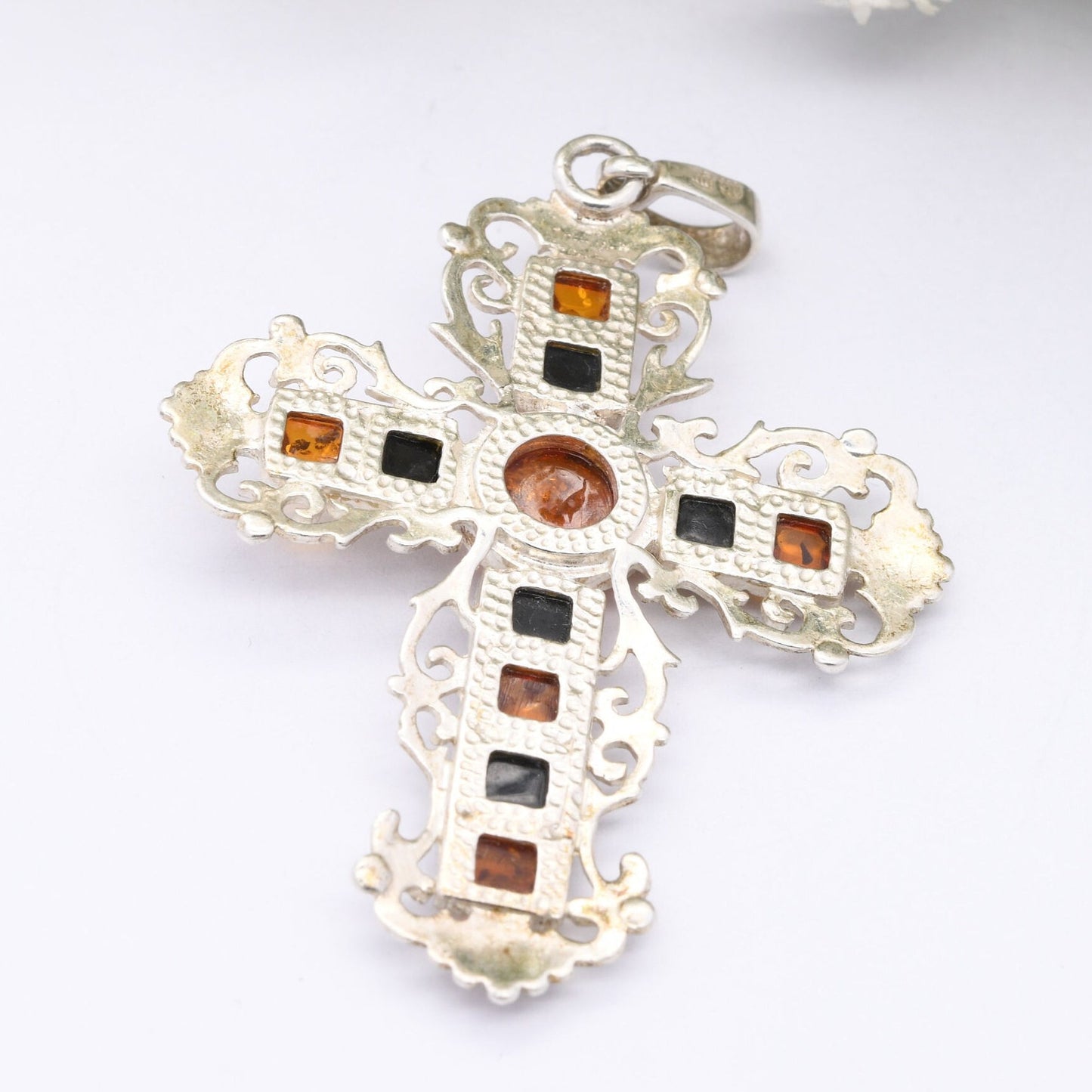 Vintage Sterling Silver Amber Cross Pendant