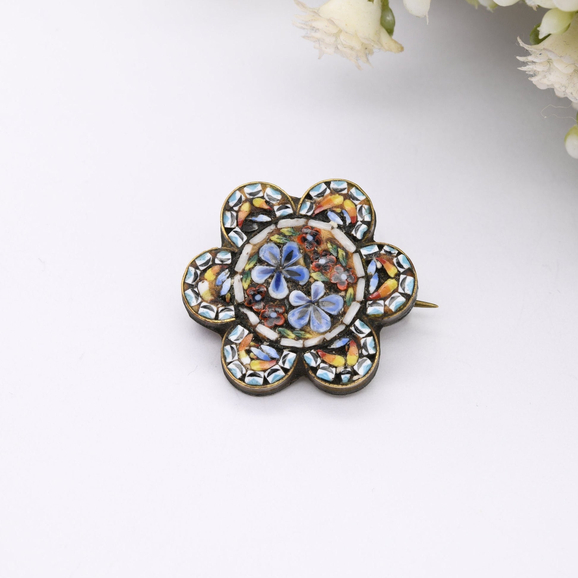 Antique Micro Mosaic Flower Brooch