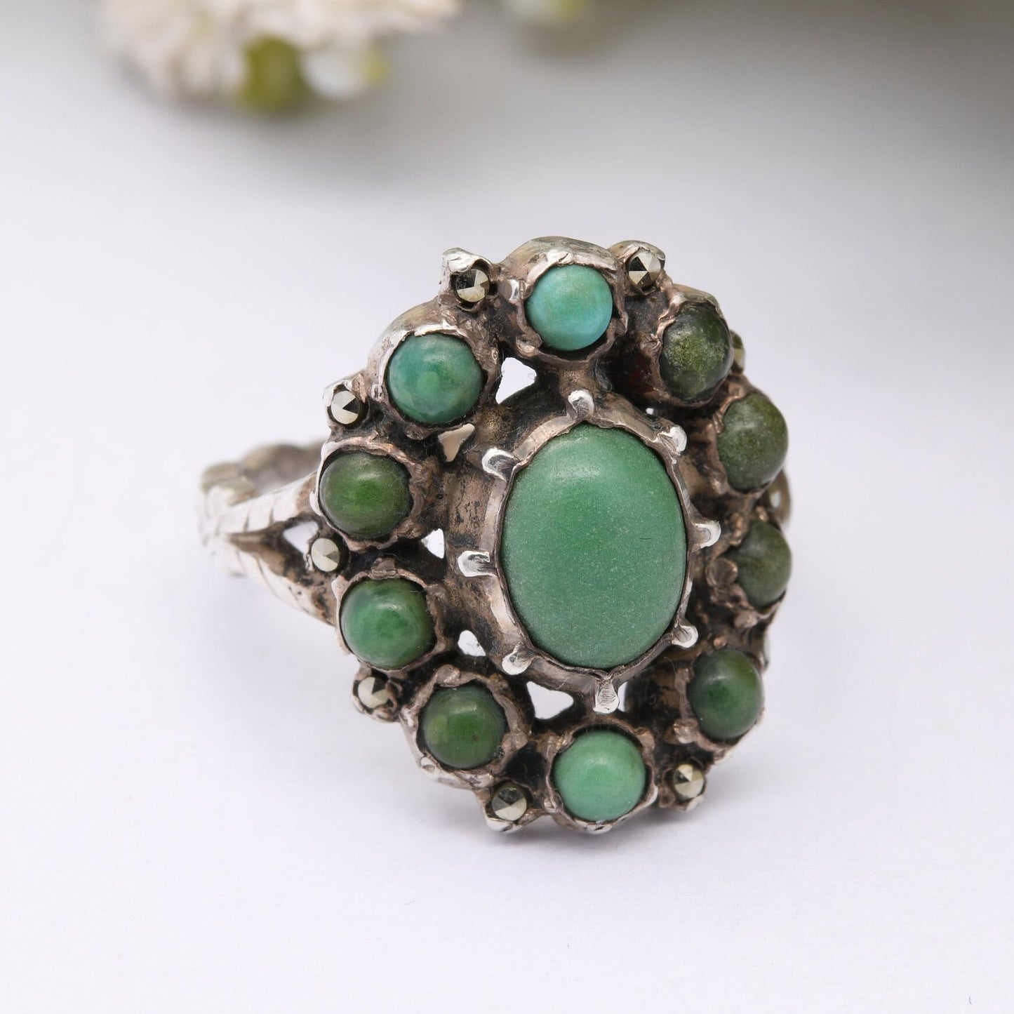 Antique Austro-Hungarian Silver Turquoise Ring with Marcasite Accent Stones