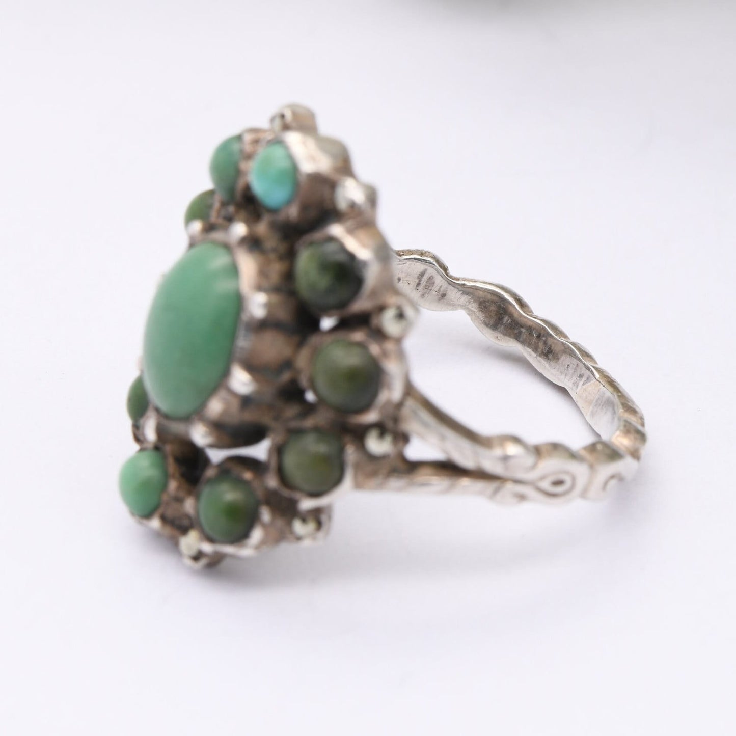 Antique Austro-Hungarian Silver Turquoise Ring with Marcasite Accent Stones