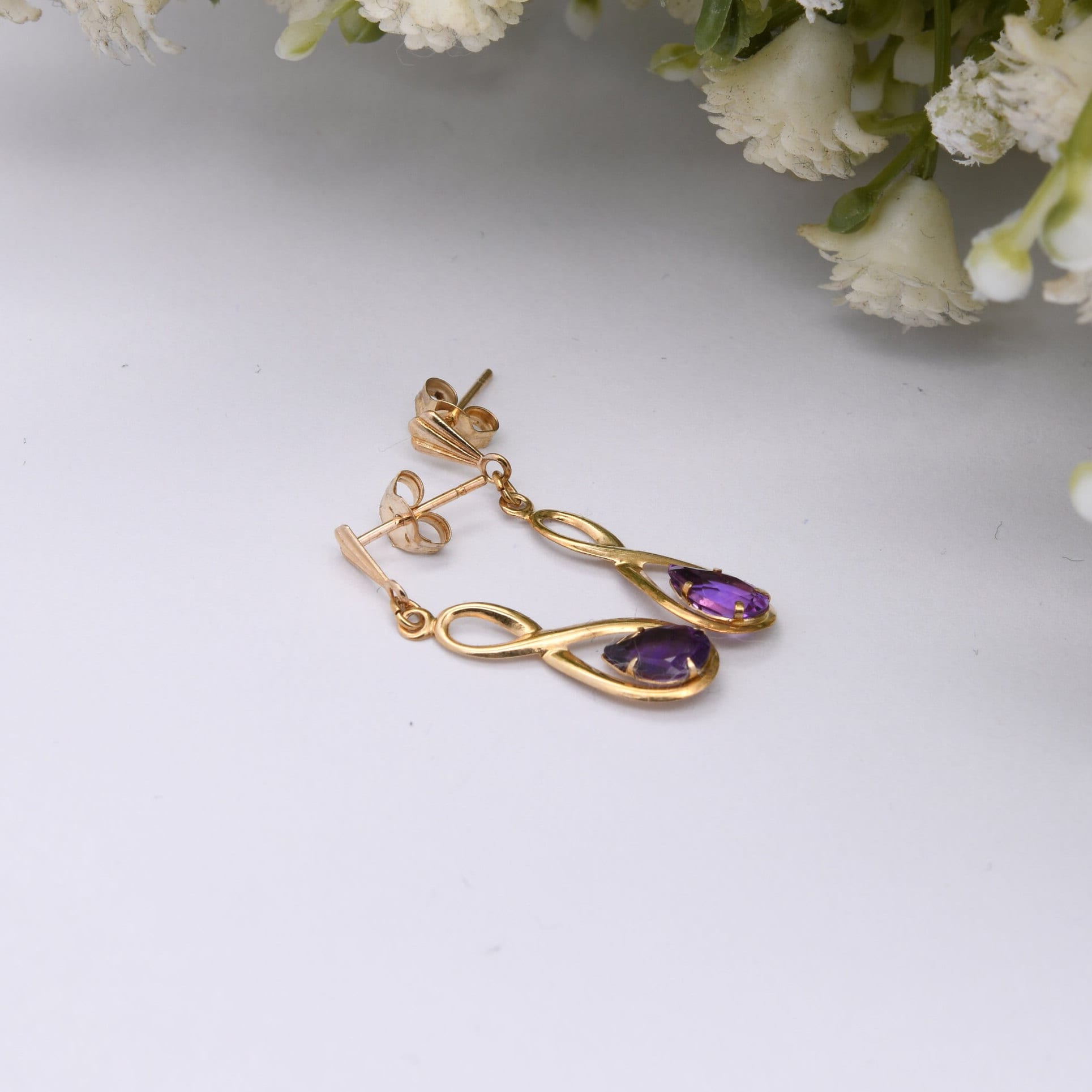 Vintage 9ct Gold Amethyst Drop Earrings with Openwork Twist Design