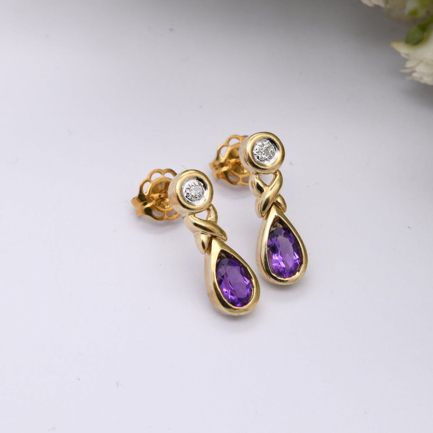 Vintage 9ct Gold Amethyst Diamond Drop Earrings