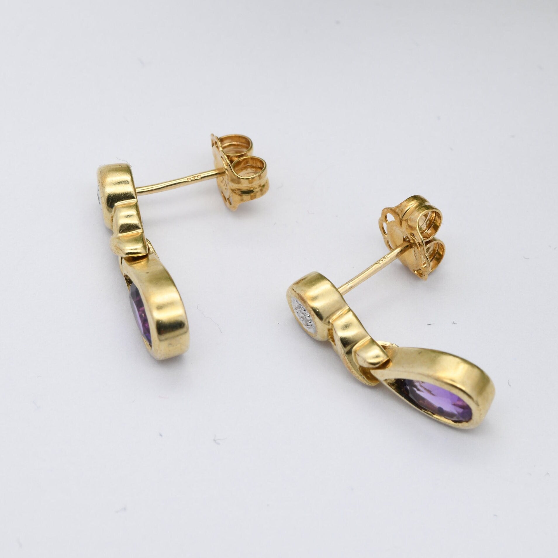 Vintage 9ct Gold Amethyst Diamond Drop Earrings