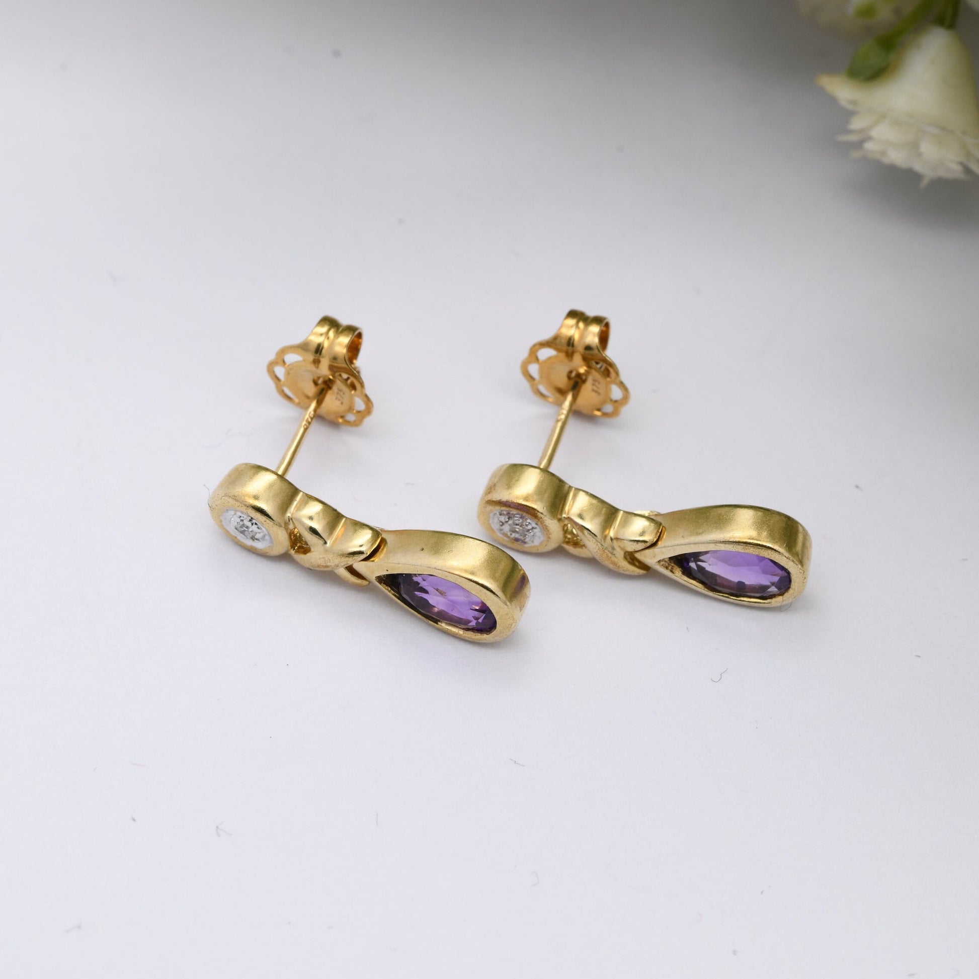 Vintage 9ct Gold Amethyst Diamond Drop Earrings