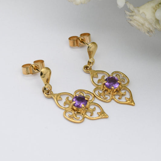 Vintage 9ct Gold Amethyst Drop Earrings with Ornate Openwork Design