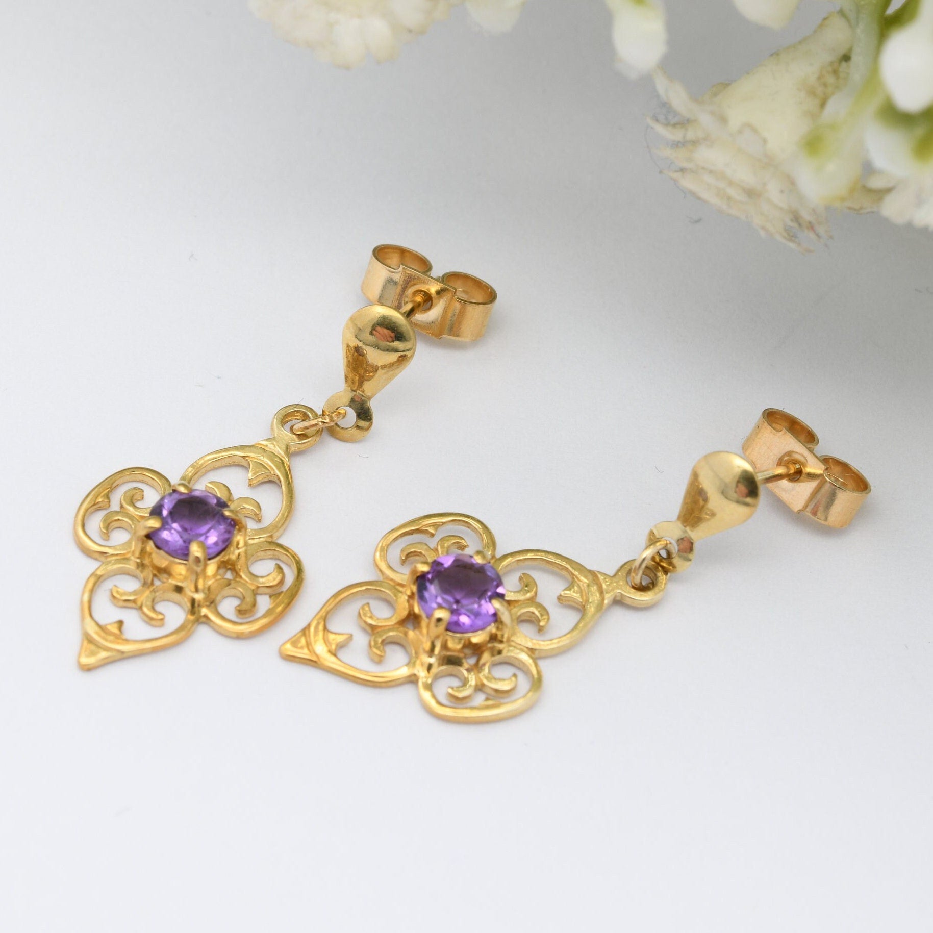 Vintage 9ct Gold Amethyst Drop Earrings with Ornate Openwork Design