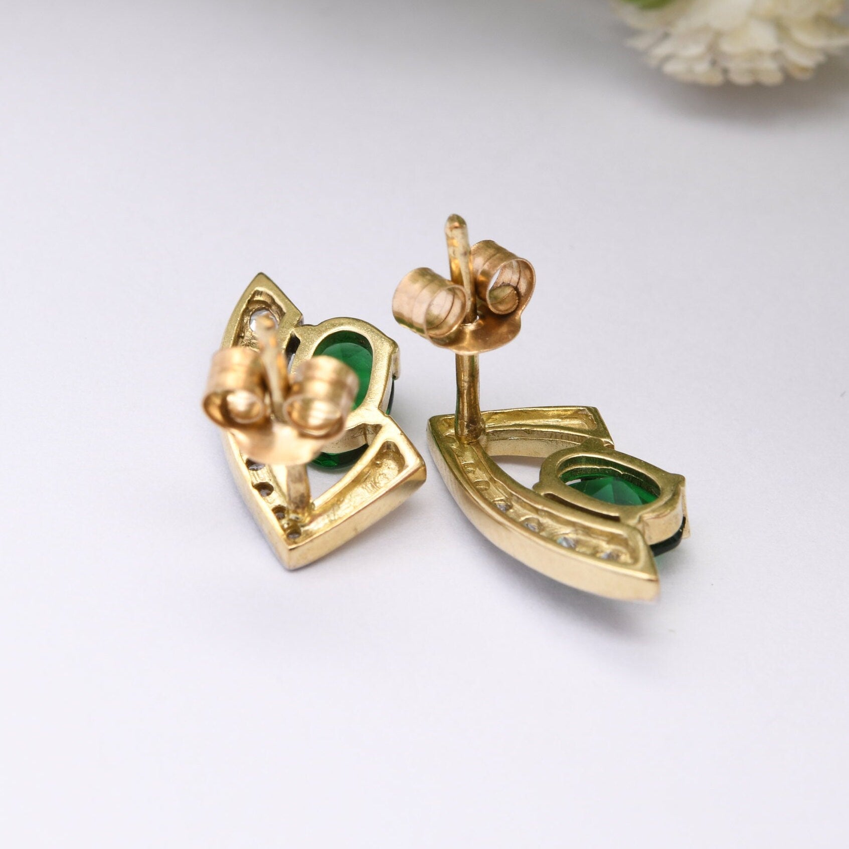 Vintage 9ct Gold Stud Earrings with Green and Clear Stones