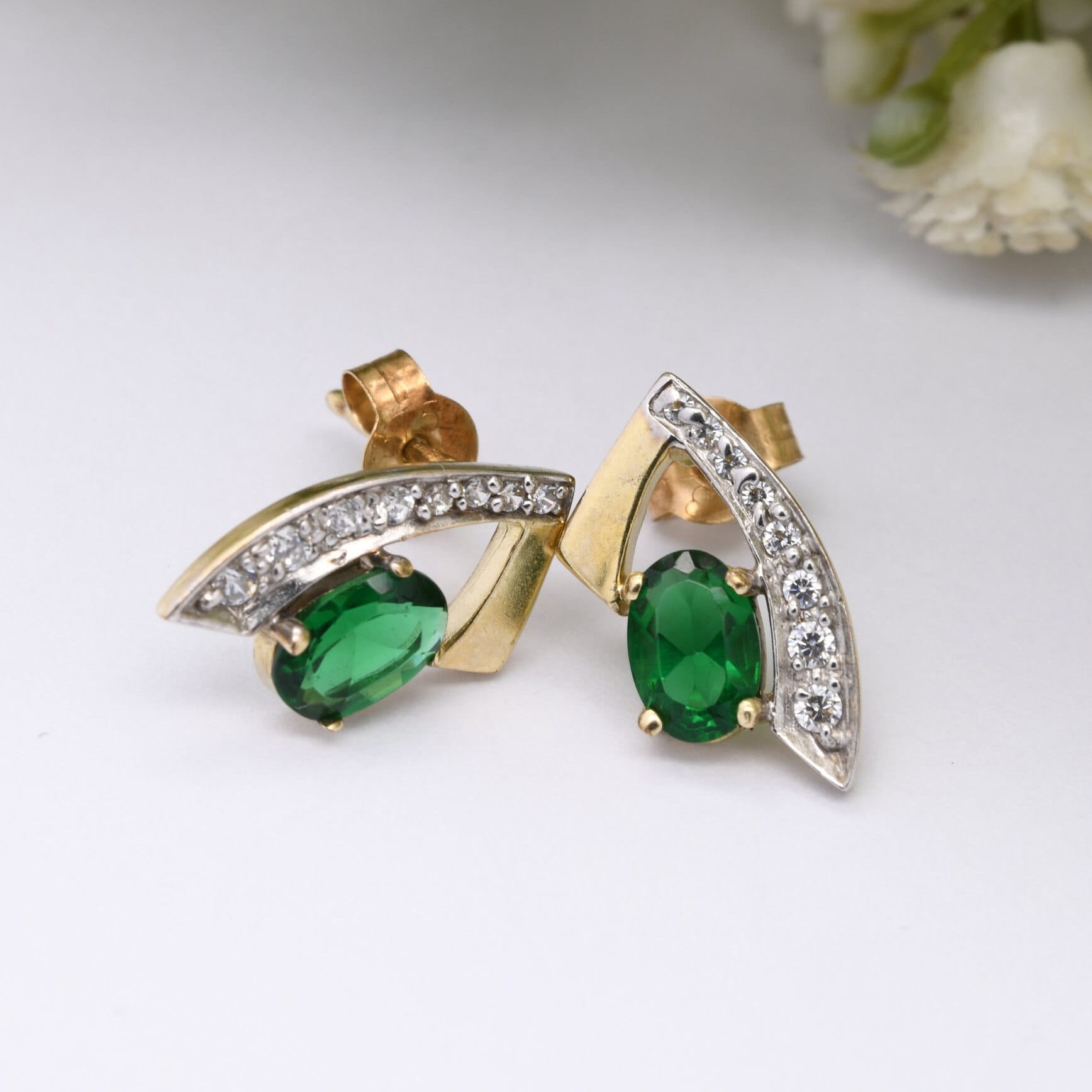 Vintage 9ct Gold Stud Earrings with Green and Clear Stones