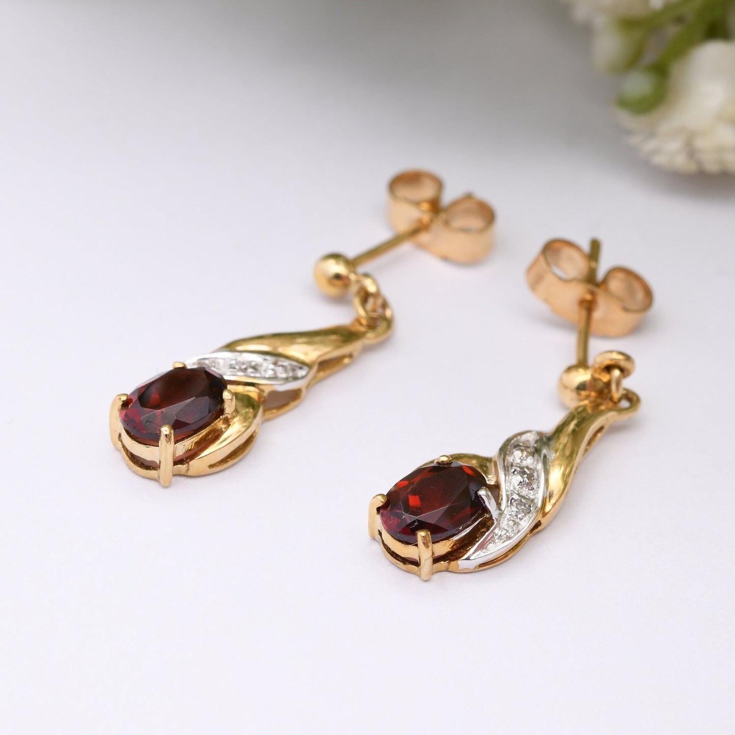 Vintage 9ct Gold Garnet Diamond Drop Earrings