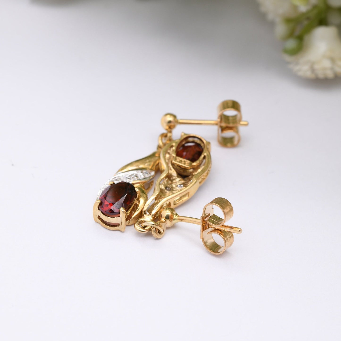 Vintage 9ct Gold Garnet Diamond Drop Earrings