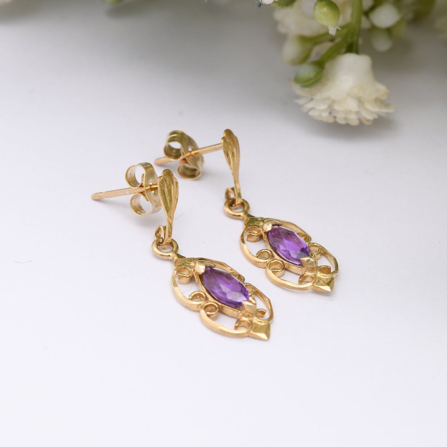 Vintage 9ct Gold Amethyst Drop Earrings