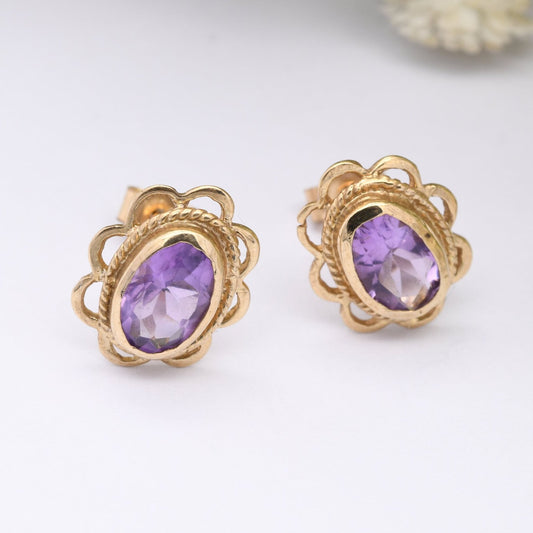 Vintage 9ct Gold Amethyst Stud Earrings 1992