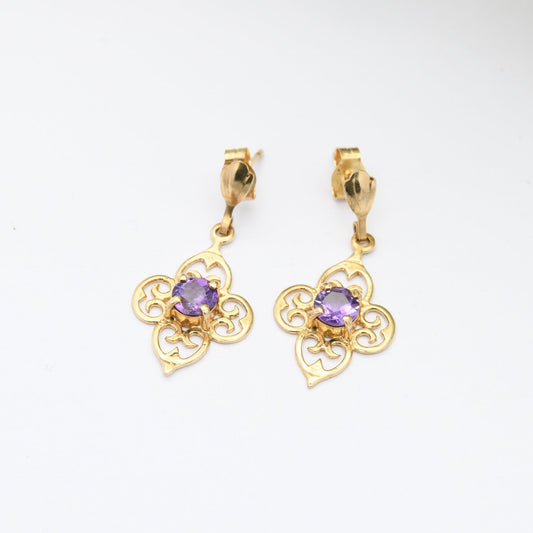 Vintage 9ct Gold Amethyst Drop Earrings with Ornate Openwork Design