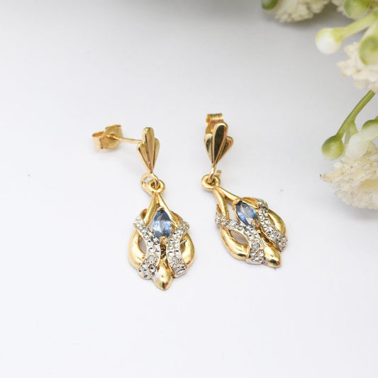 Vintage 9ct Gold Sapphire Diamond Drop Earrings 1994