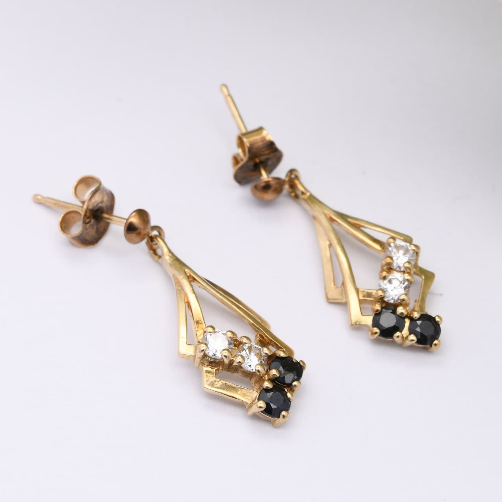 Vintage 9ct Gold Sapphire and CZ Sparkly Drop Earrings 1989