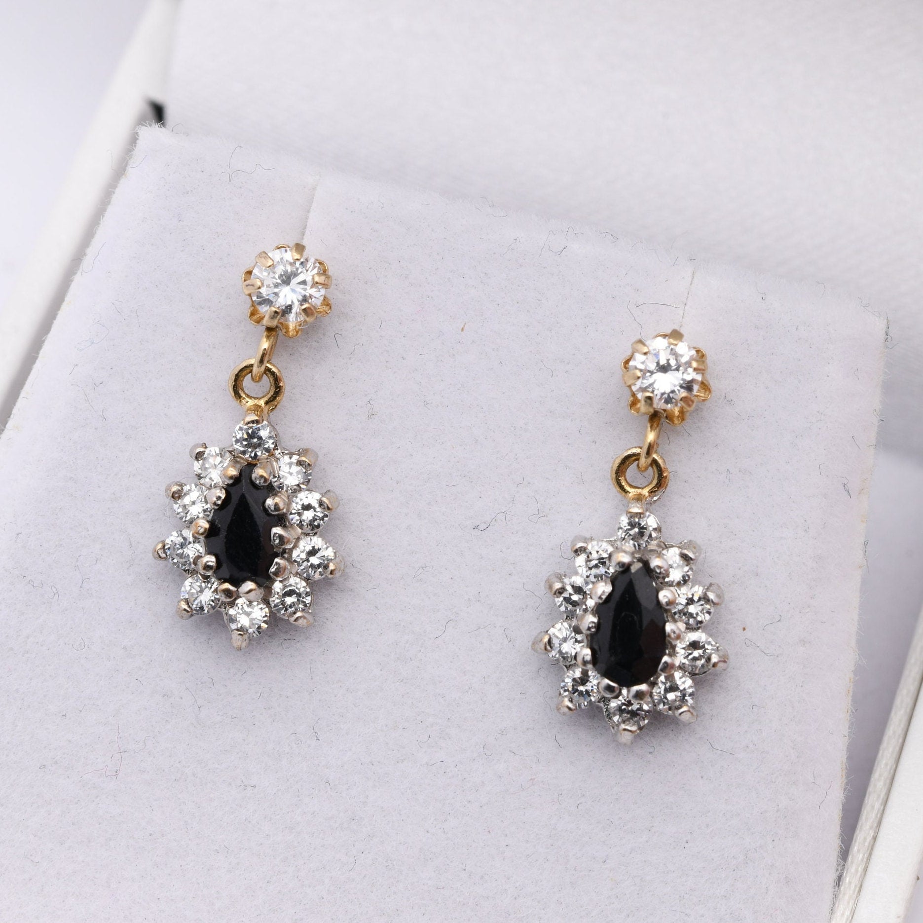 Vintage 9ct Gold Sapphire CZ Halo Drop Earrings