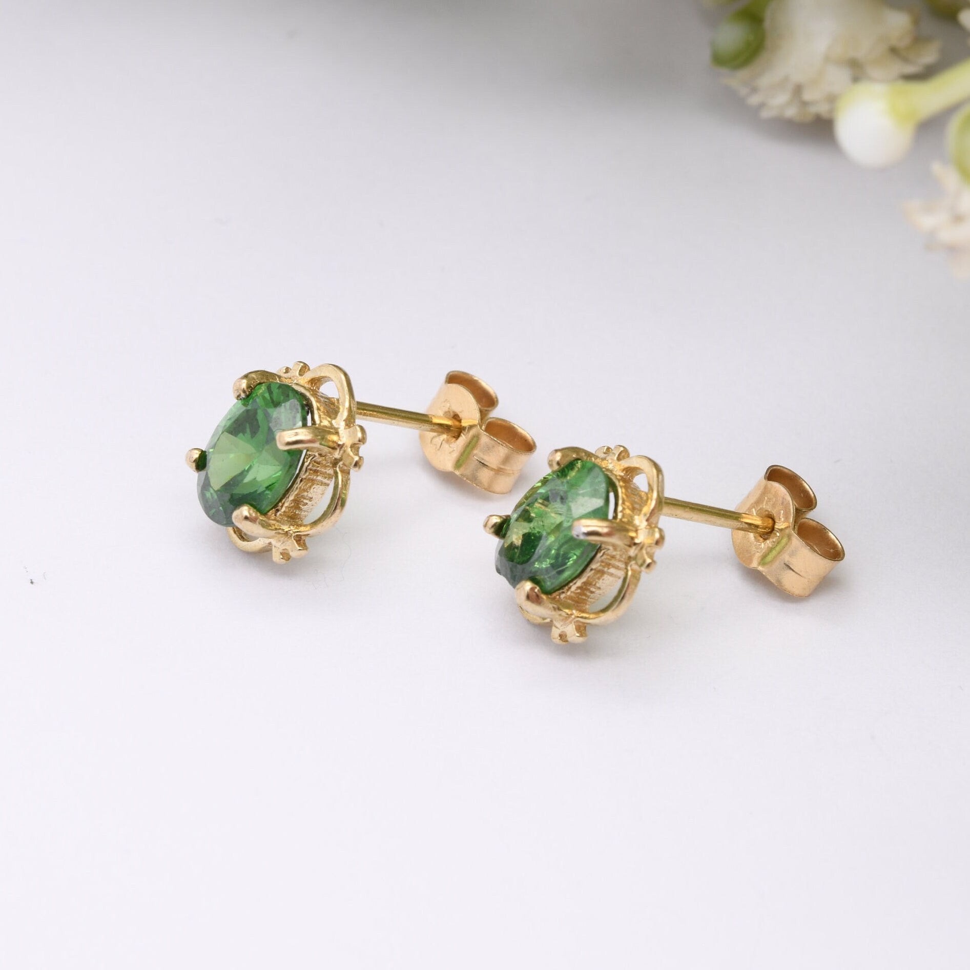 Vintage 9ct Gold Stud Earrings with Lime Green Gemstone