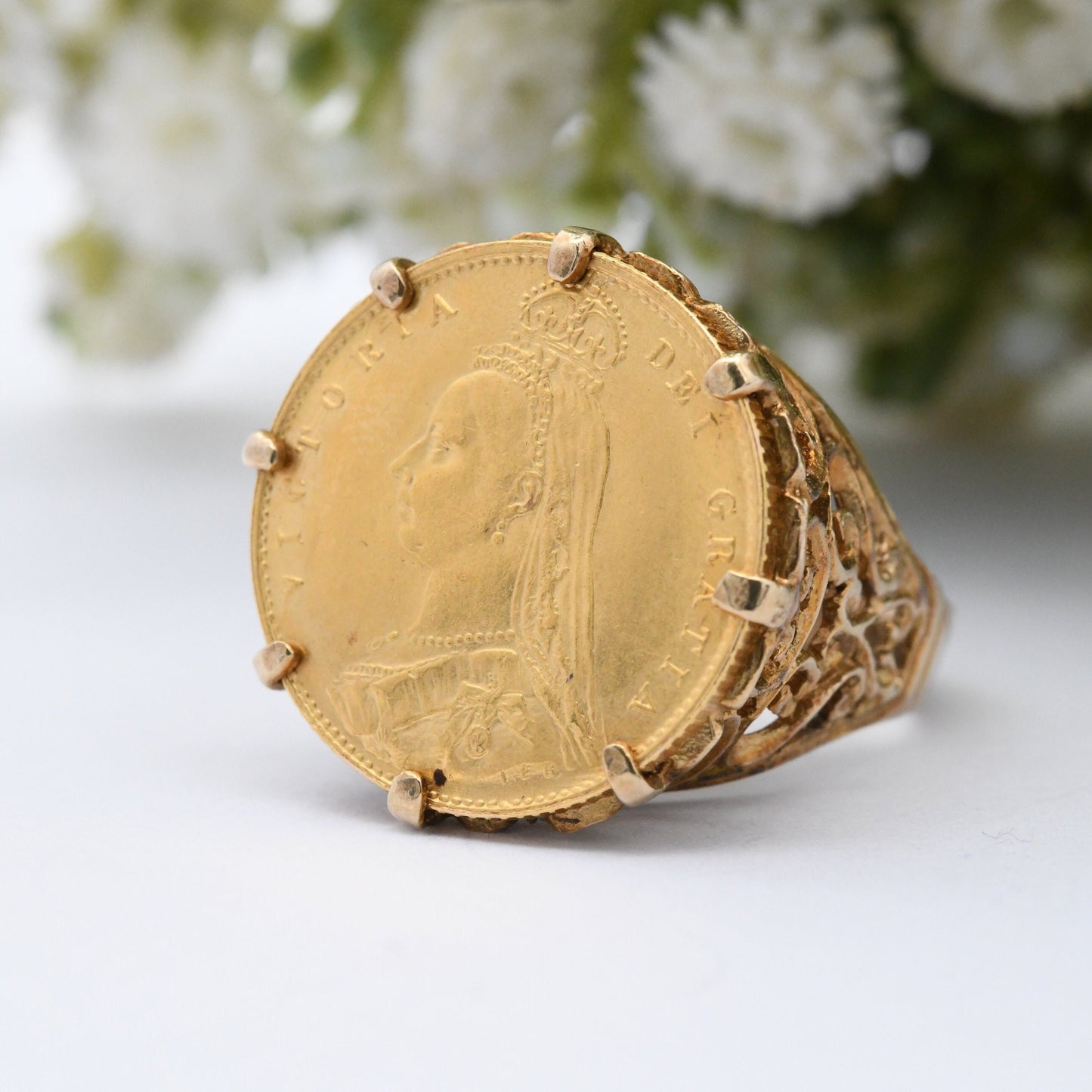 Antique 22ct Gold Half Sovereign Coin Victoria 1887 in 9ct Gold Ring Mount - Large Chunky Ring |UK Size - Q 1/2 | US Size - 8 1/4