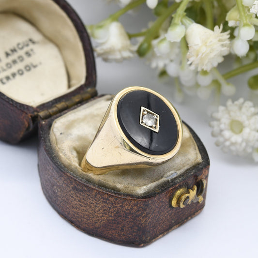 Vintage 9ct Gold Onyx Signet Ring 1965 with Clear Stone - Large Chunky Ring | Gift for Boyfriend | UK Size - T | US Size - 9 3/4