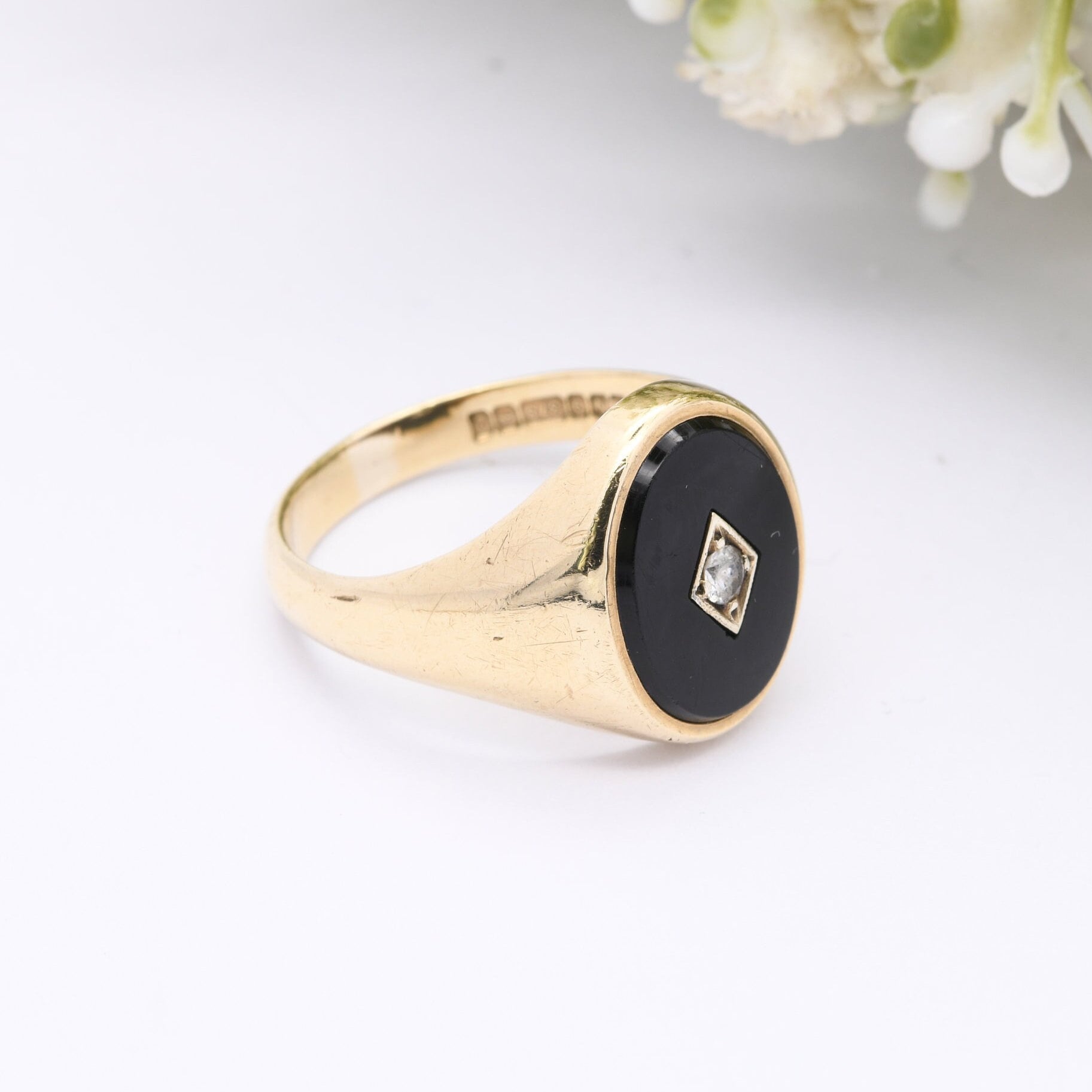 Vintage 9ct Gold Onyx Signet Ring 1965 with Clear Stone - Large Chunky Ring | Gift for Boyfriend | UK Size - T | US Size - 9 3/4