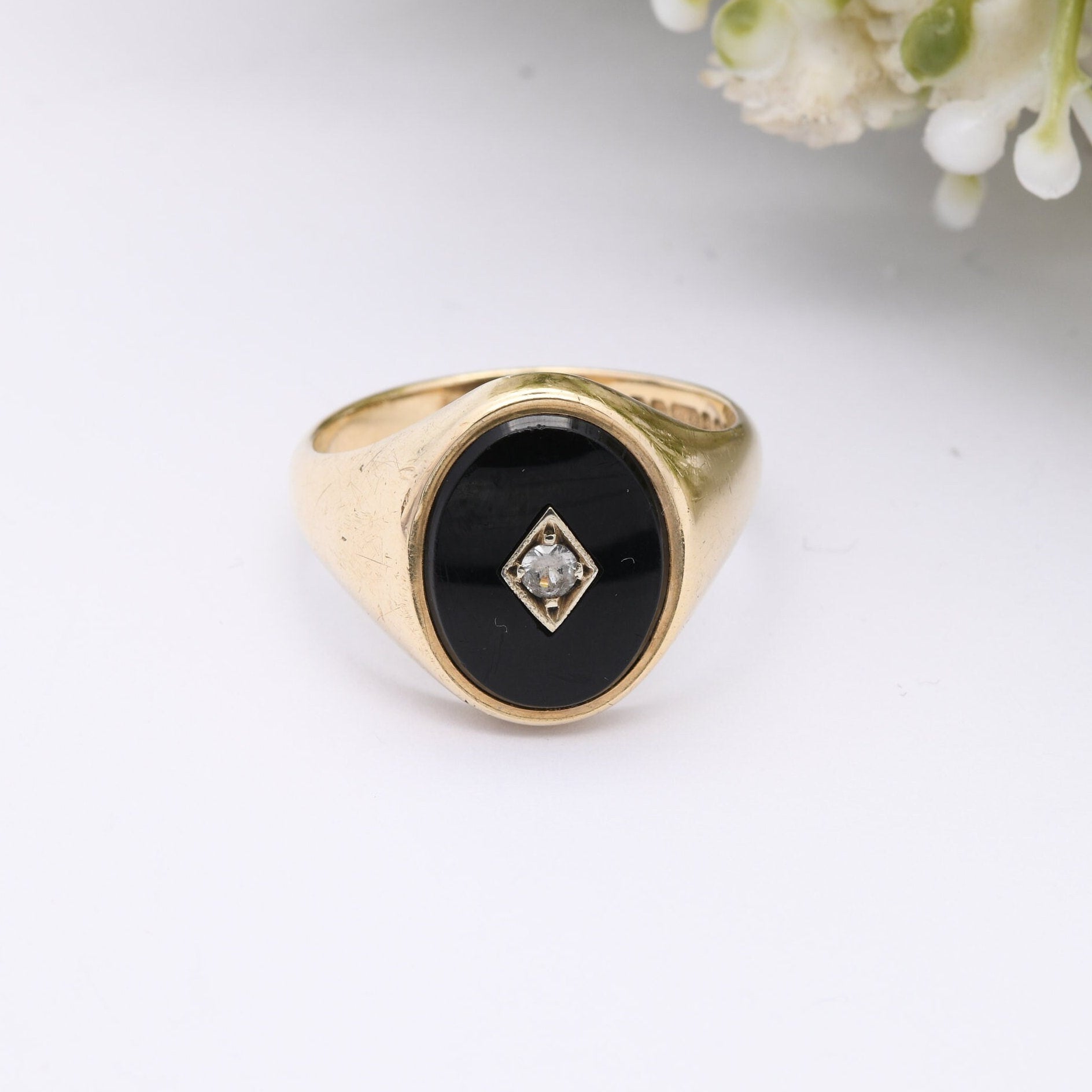 Vintage 9ct Gold Onyx Signet Ring 1965 with Clear Stone - Large Chunky Ring | Gift for Boyfriend | UK Size - T | US Size - 9 3/4