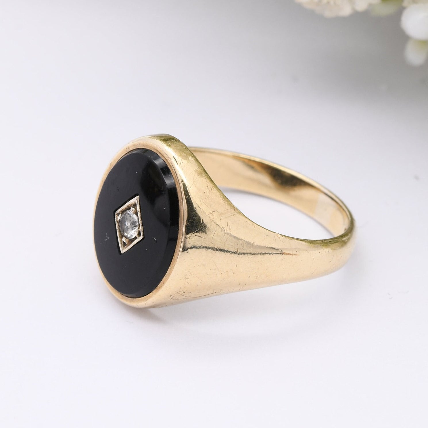 Vintage 9ct Gold Onyx Signet Ring 1965 with Clear Stone - Large Chunky Ring | Gift for Boyfriend | UK Size - T | US Size - 9 3/4