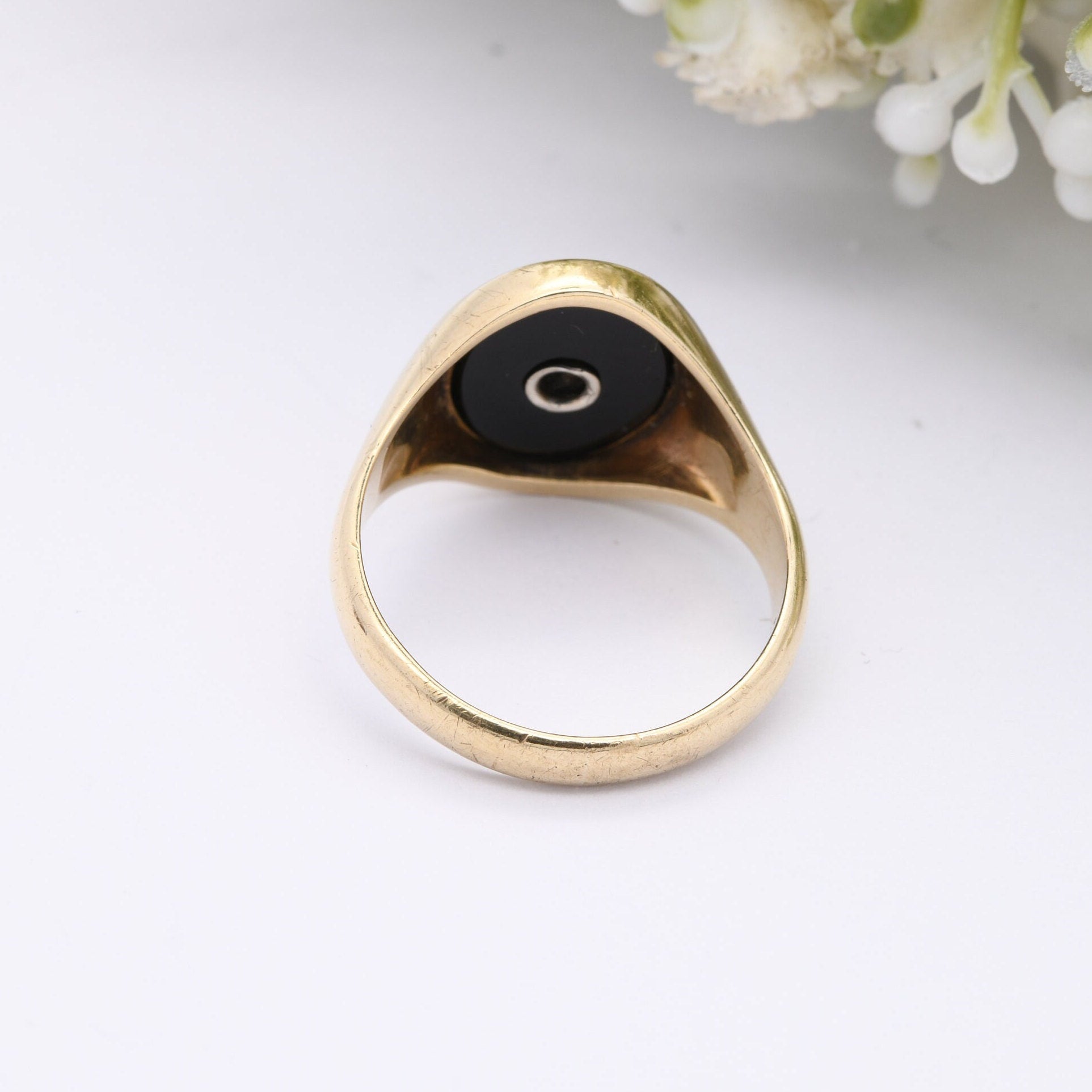 Vintage 9ct Gold Onyx Signet Ring 1965 with Clear Stone - Large Chunky Ring | Gift for Boyfriend | UK Size - T | US Size - 9 3/4