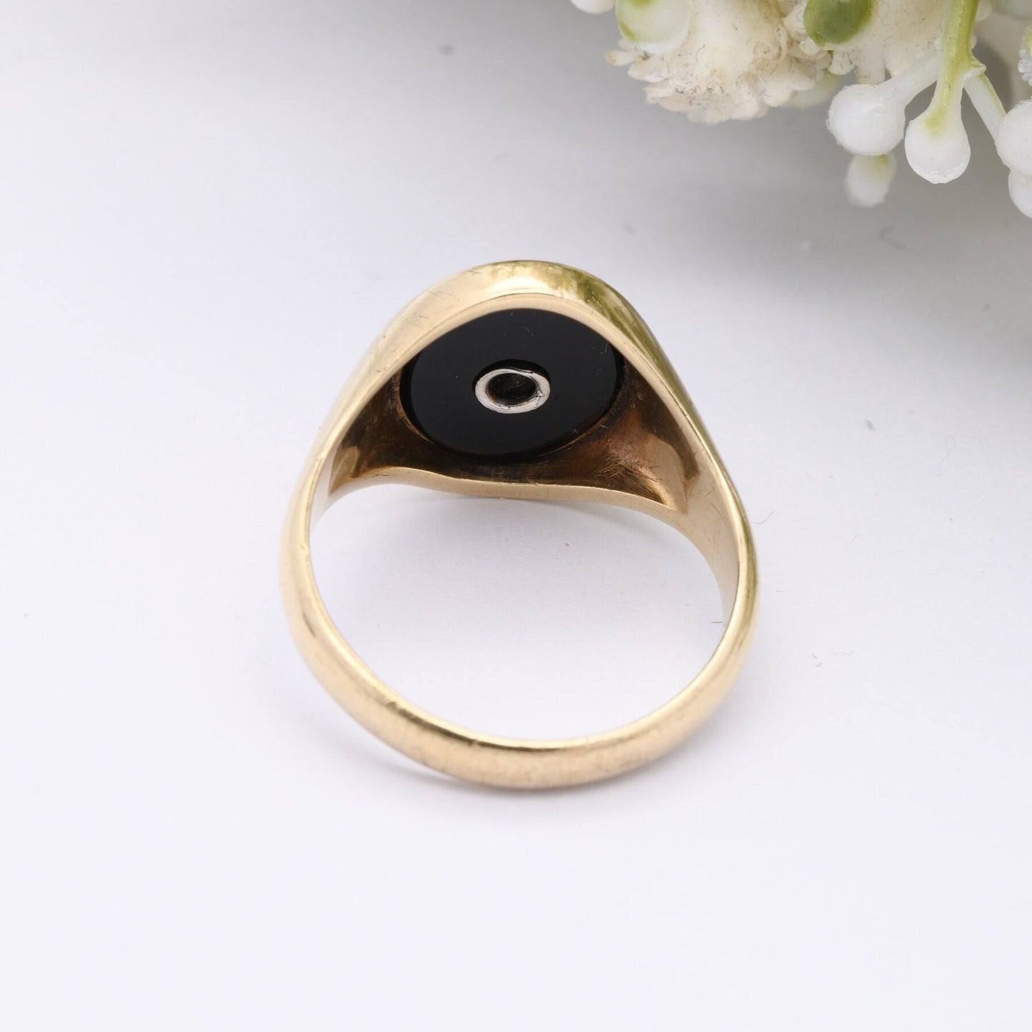 Vintage 9ct Gold Onyx Signet Ring 1965 with Clear Stone - Large Chunky Ring | Gift for Boyfriend | UK Size - T | US Size - 9 3/4