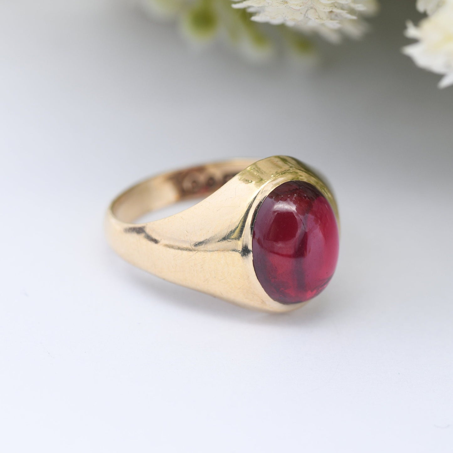 Vintage 9ct Gold Ruby Signet Ring by Fred Manshaw - Mid-Century 1973 | Men's Pinkie Ring | UK Size - I 1/2 | US Size - 4 1/2