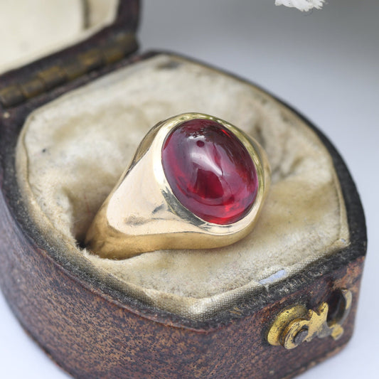 Vintage 9ct Gold Ruby Signet Ring by Fred Manshaw - Mid-Century 1973 | Men's Pinkie Ring | UK Size - I 1/2 | US Size - 4 1/2