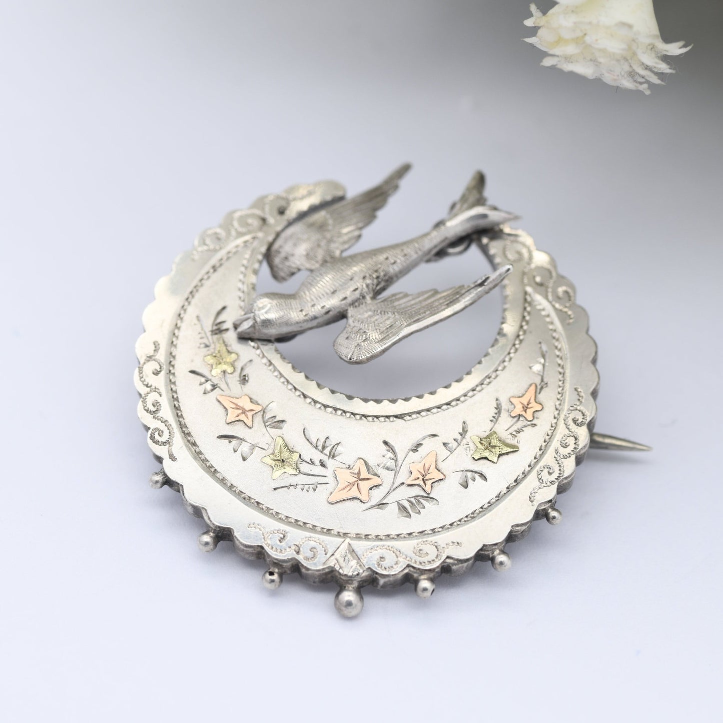 Antique Victorian Sterling Silver Brooch 1889 with Swallow Bird by Payton Pepper & Co - Aesthetic Movement Brooch with Rose Gold Accents