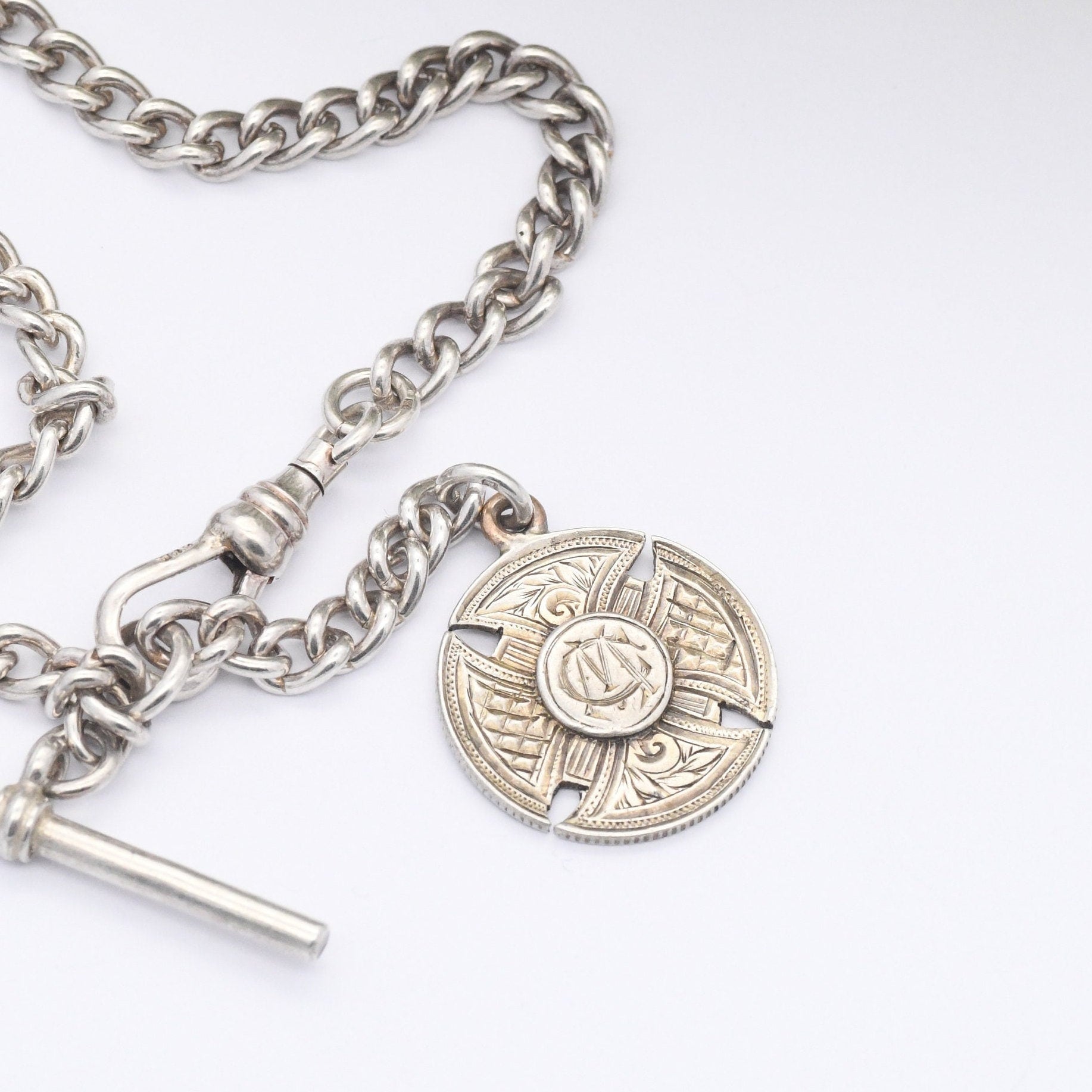 Vintage Sterling Silver Albert Chain with T-Bar & Dog Clip 1975 with Antique 1912 Sixpence Coin Love Token | Victorian Style Watch Chain