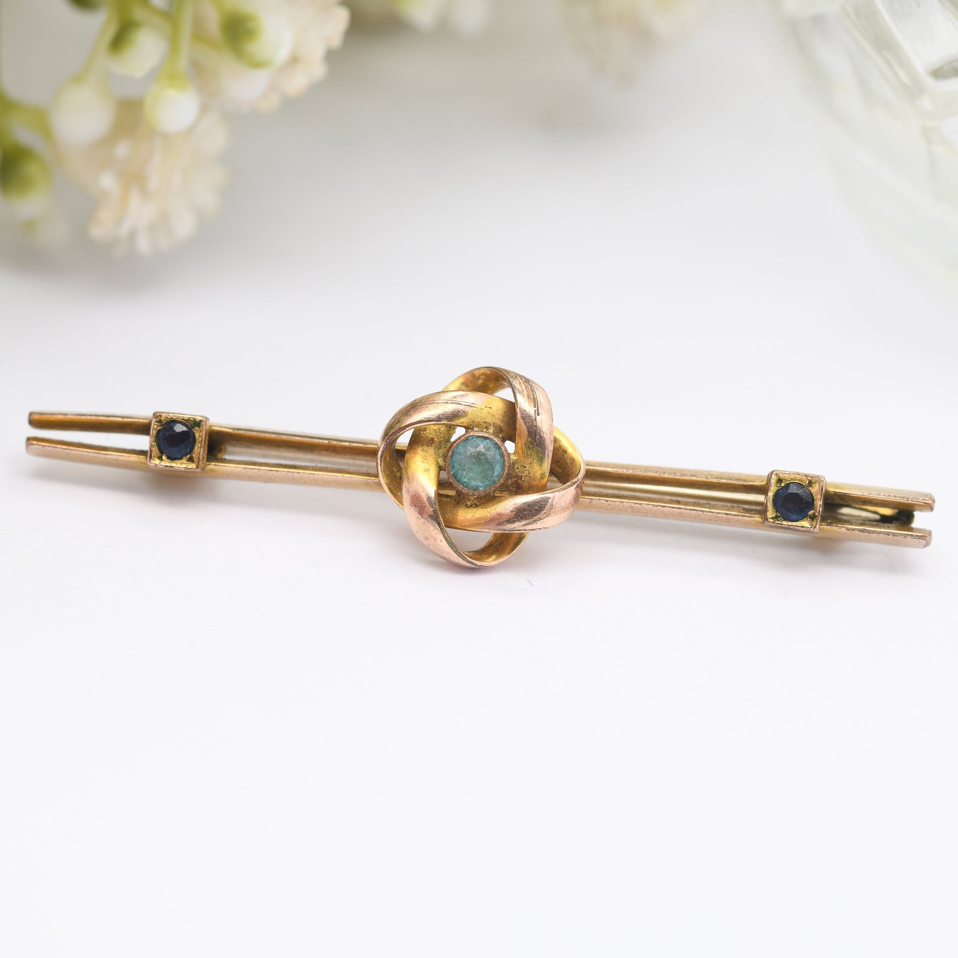 Antique Edwardian Rolled Gold Bar Brooch with Three Blue Paste Stones - Twisted Knot Design