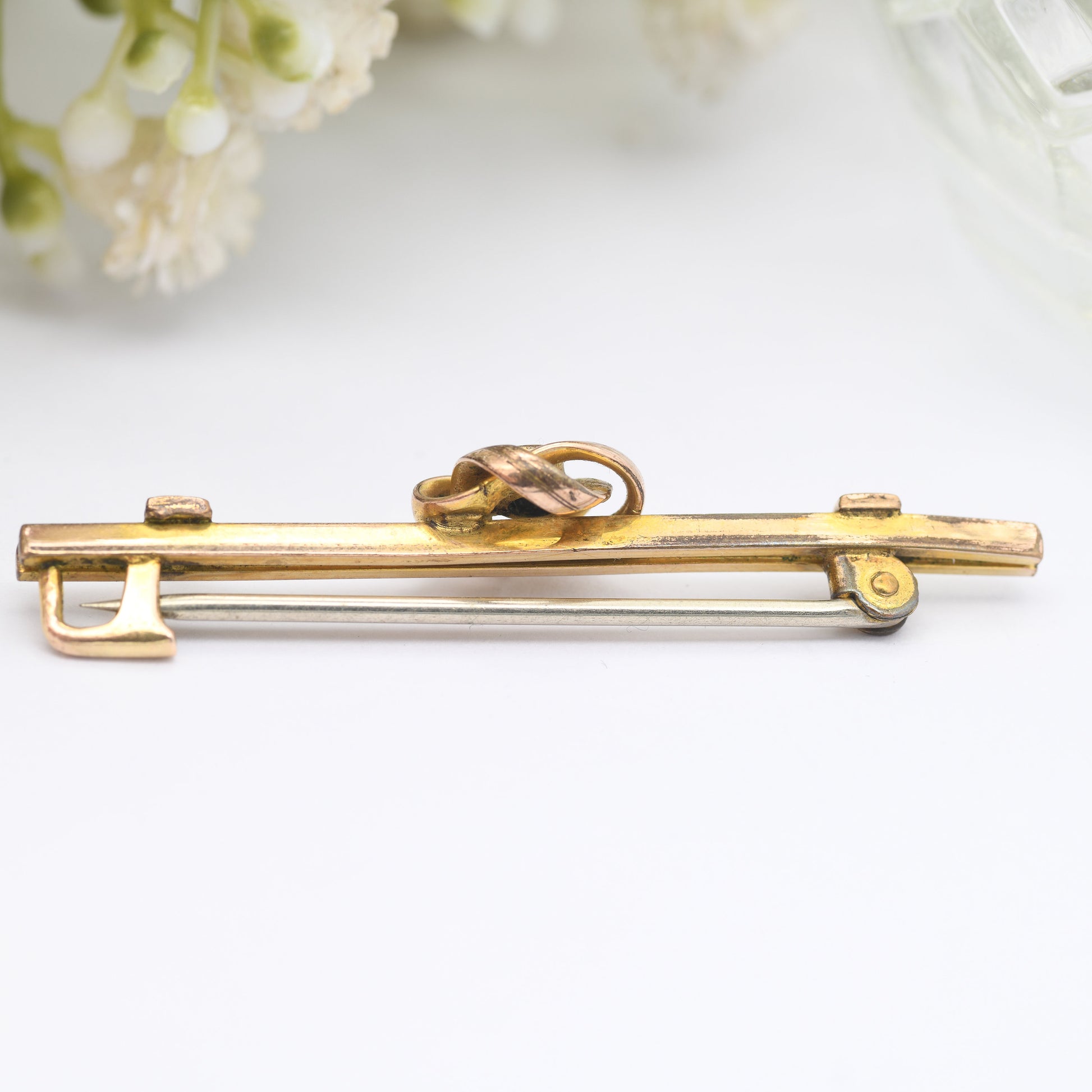 Antique Edwardian Rolled Gold Bar Brooch with Three Blue Paste Stones - Twisted Knot Design