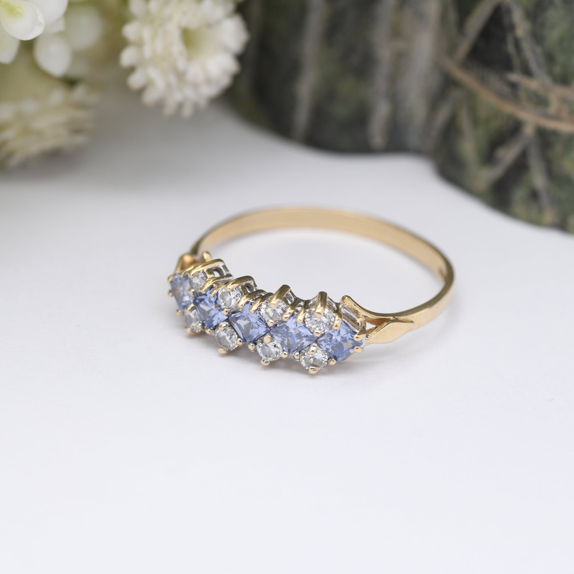 9ct Gold Tanzanite and Clear Stone CZ Ring - Pretty Sparkly Jewellery | Gift for Her | UK Size - R 1/2 | US Size - 8 3/4