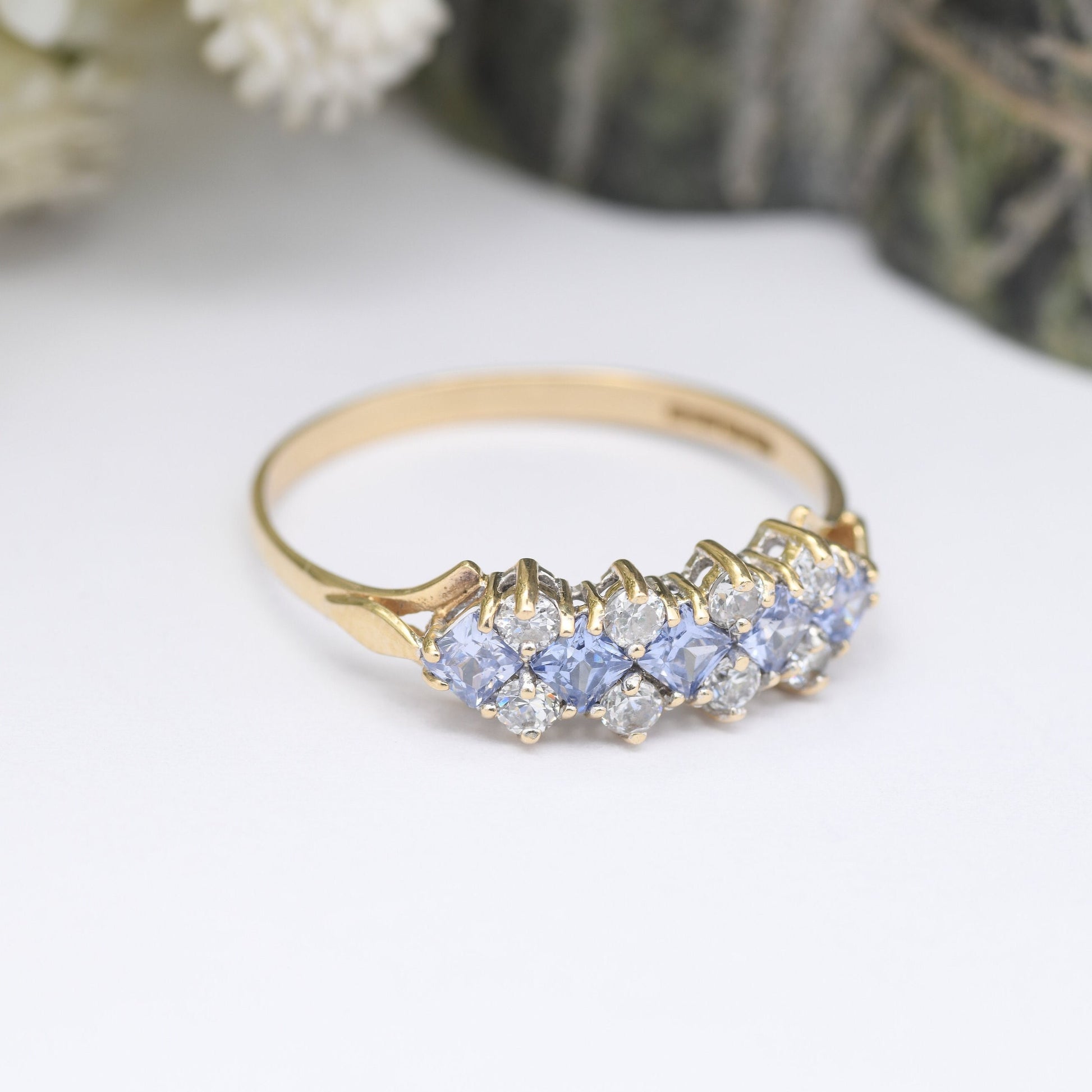 9ct Gold Tanzanite and Clear Stone CZ Ring - Pretty Sparkly Jewellery | Gift for Her | UK Size - R 1/2 | US Size - 8 3/4