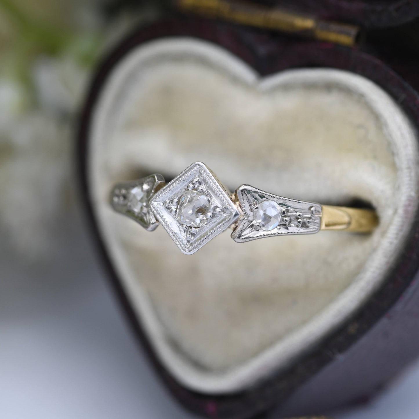 Antique Art Deco 18ct Gold Platinum Diamond Engagement Ring - Three Stone Trilogy Diamond Ring | UK Size - O | US Size - 7 1/4