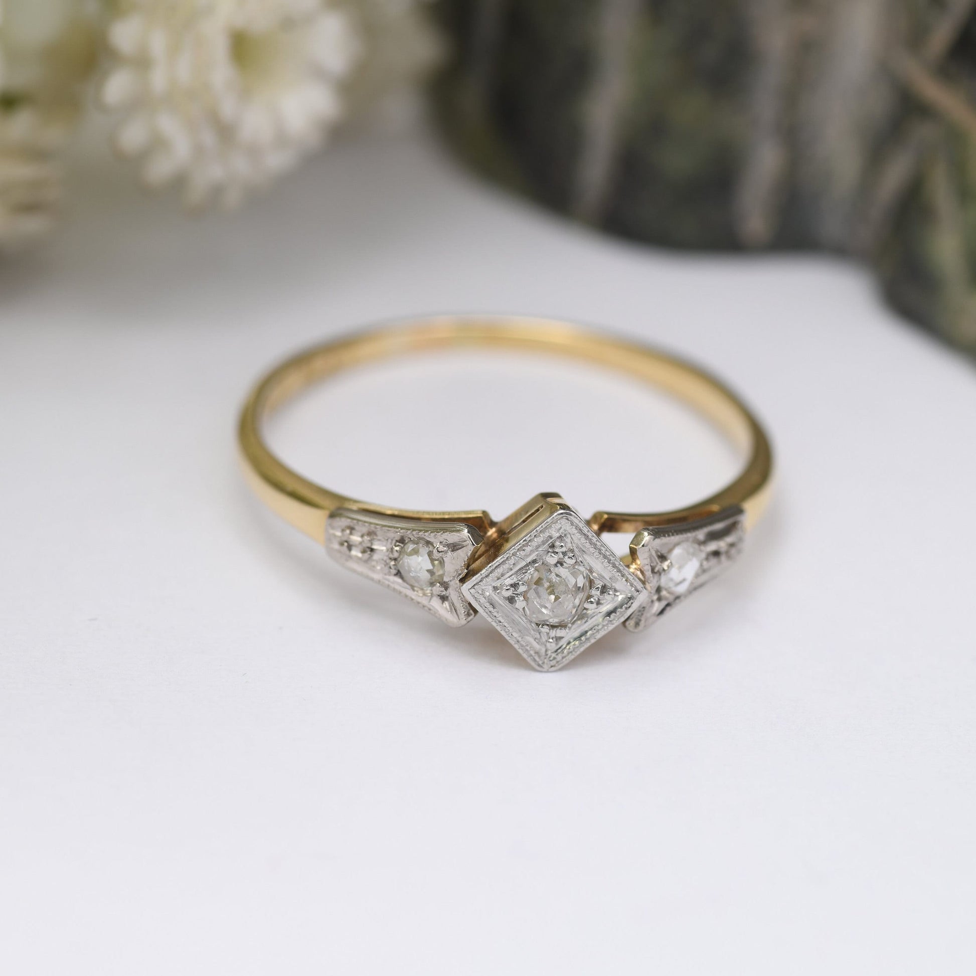 Antique Art Deco 18ct Gold Platinum Diamond Engagement Ring - Three Stone Trilogy Diamond Ring | UK Size - O | US Size - 7 1/4