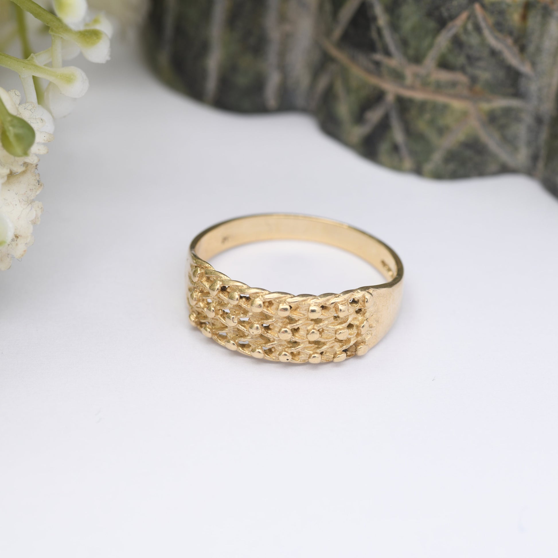 Vintage 9ct Gold Keeper Ring - Mid-Century Chunky Band | Textured Ball Ring | Everyday Gold Jewellery | UK Size - R | US Size - 8 3/4