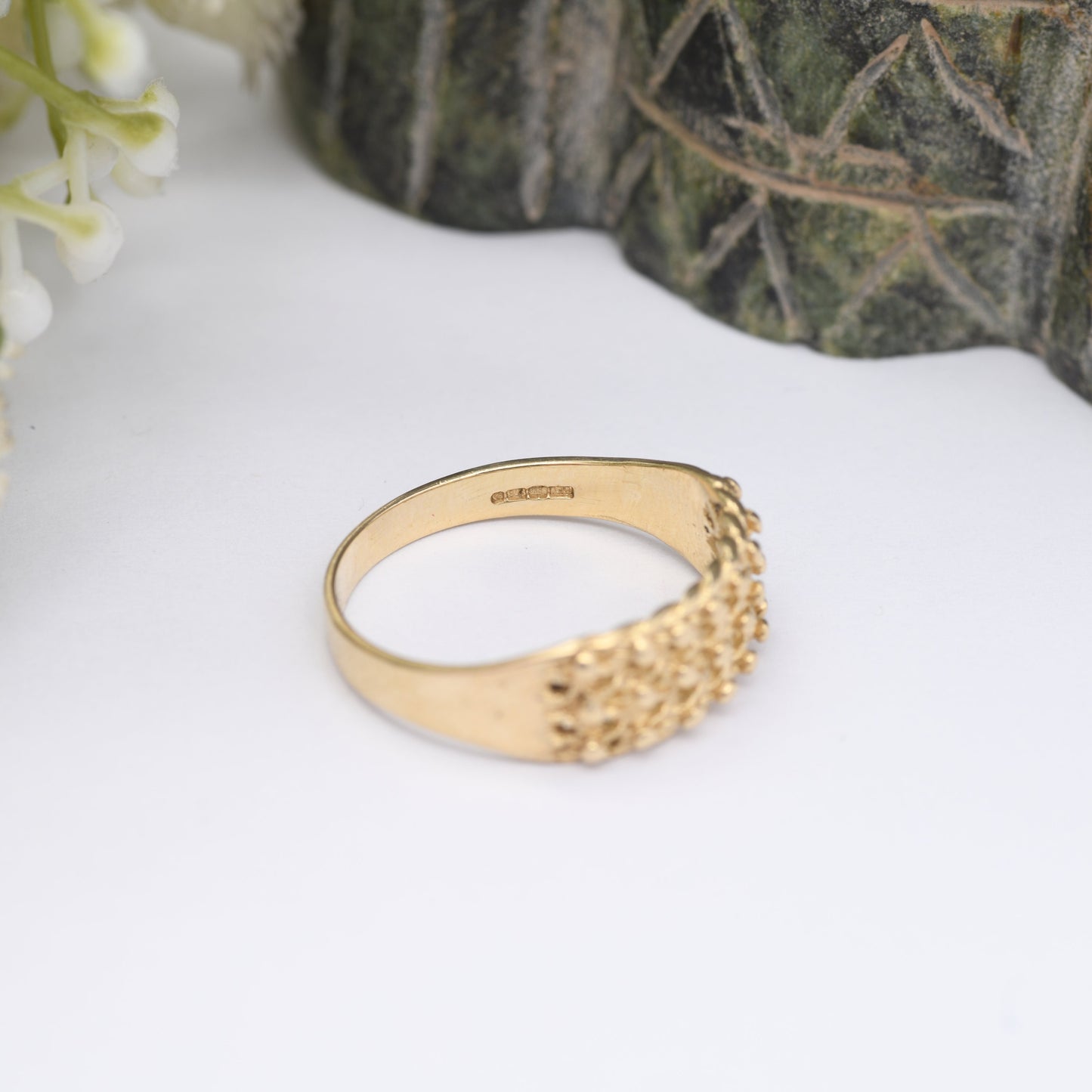 Vintage 9ct Gold Keeper Ring - Mid-Century Chunky Band | Textured Ball Ring | Everyday Gold Jewellery | UK Size - R | US Size - 8 3/4