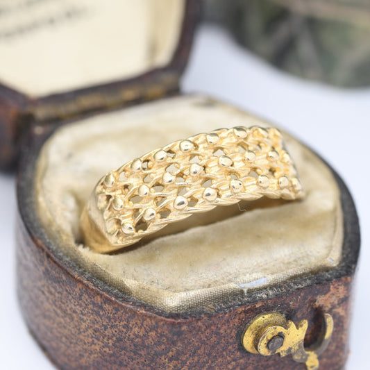 Vintage 9ct Gold Keeper Ring - Mid-Century Chunky Band | Textured Ball Ring | Everyday Gold Jewellery | UK Size - R | US Size - 8 3/4