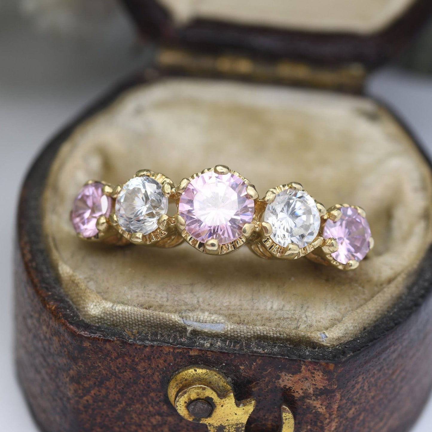 Vintage 9ct Gold CZ Statement Ring - Clear and Pink Stones Five Stone Ring | Princess Ring | UK Size - M 1/2 | US Size - 6 1/2