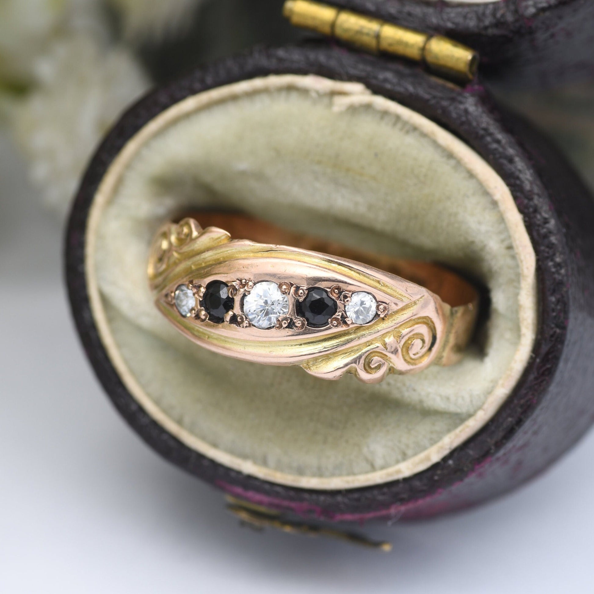 Antique 9ct Gold and Sapphire Ring 1914 - Five Stone Band with Scrolling Detail | Rose Gold | UK Size - P | US Size - 7 3/4