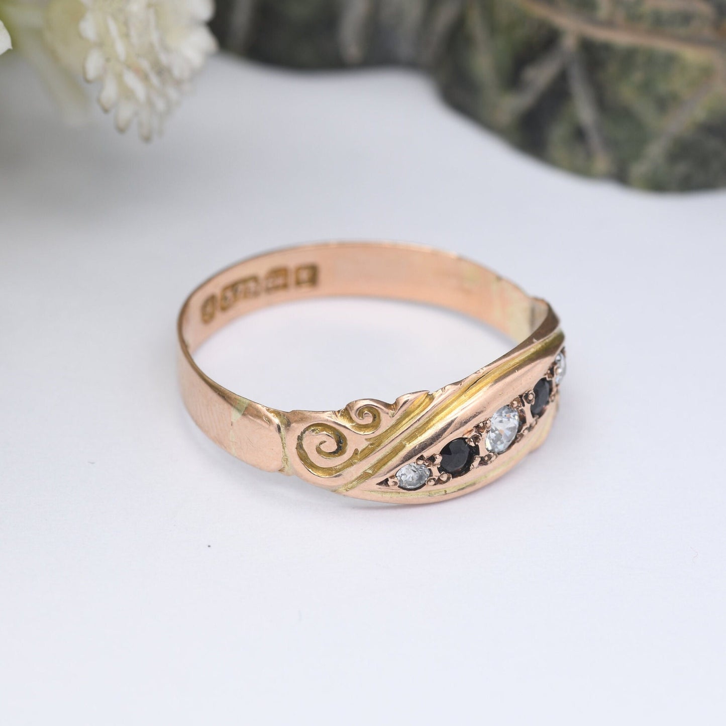 Antique 9ct Gold and Sapphire Ring 1914 - Five Stone Band with Scrolling Detail | Rose Gold | UK Size - P | US Size - 7 3/4